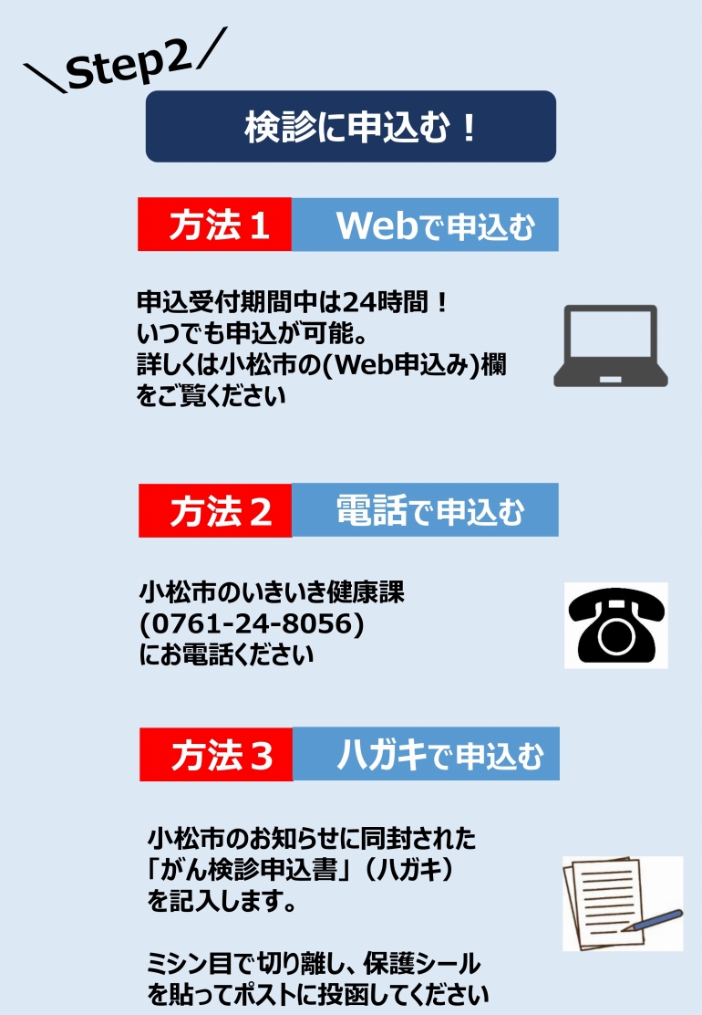 Step2 健診に申し込む 方法１：Webで申し込む…申込受付期間中は24時間！いつでも申込が可能。詳しくは小松市の（Web申込み）欄をご覧ください 方法2：電話で申し込む…小町市のいきいき健康課（0761-24-8056）にお電話ください 方法３：はがきで申し込む…小松市のお知らせに同封された「がん検診申込書」（ハガキ）を記入します。ミシン目で切り離し、保護シールを貼ってポストに投函してください